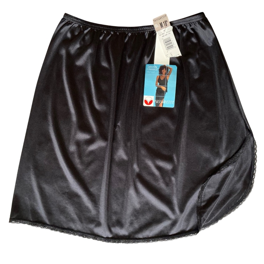 Vassarette Tailored Classics Half Slip Black Med 18" Lace Trim Side Slit 11122